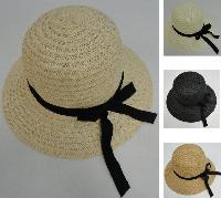 Ladies Round Woven Summer Hat w Long Ribbon